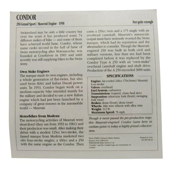 Condor 250 Grand Sport Maserati Engine Switzerland 1958 Motorcycle Spec Card She - Picture 2 of 2